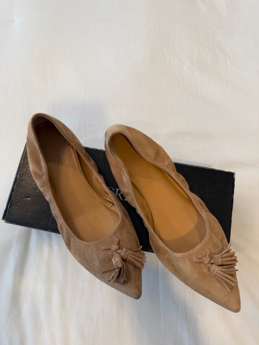 J. Crew Tan Suede Pointed-Toe Tassel Flats